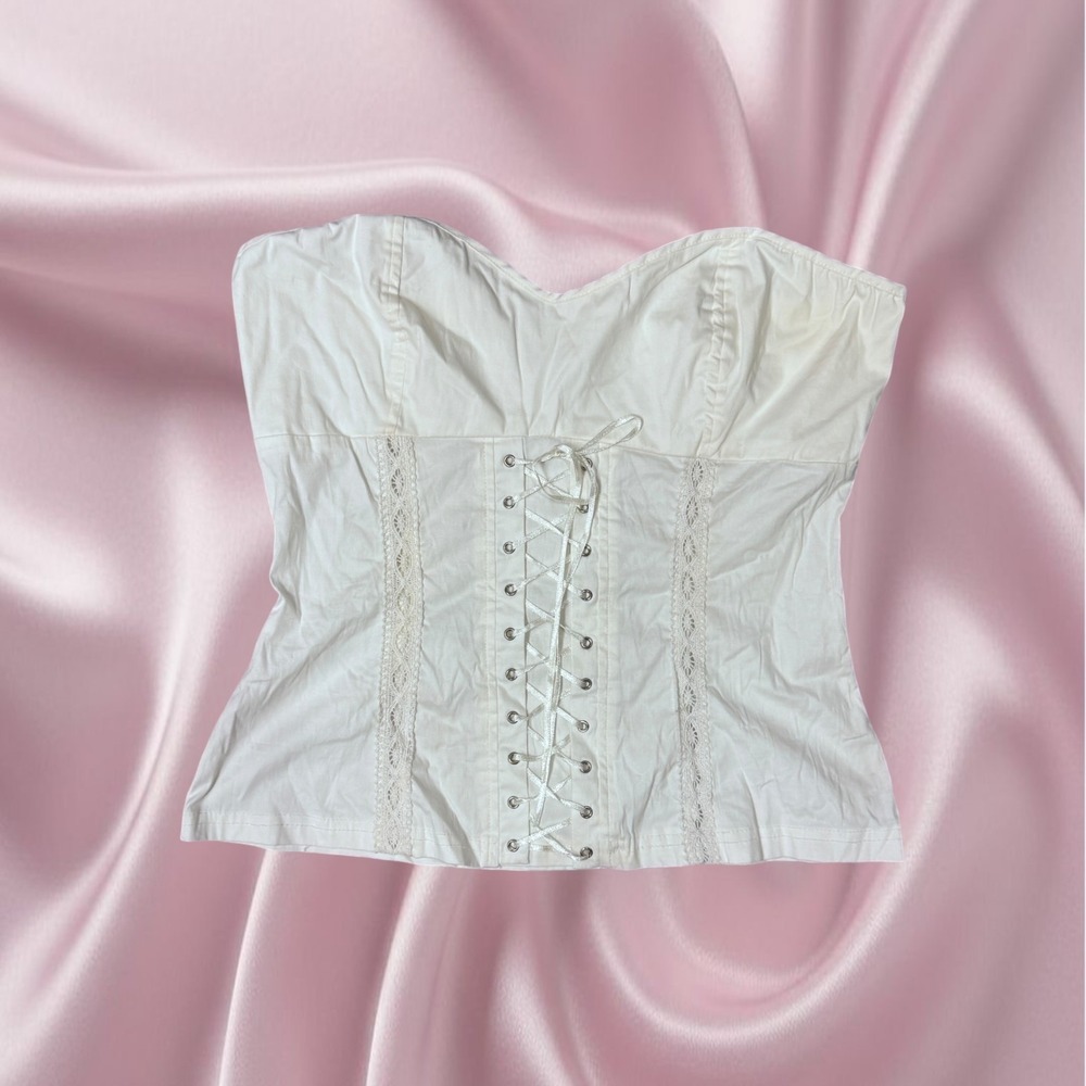 Y2K Nolita White Lace Up Corset Top Cottagecore Fairy Coquette Bustier Tube L